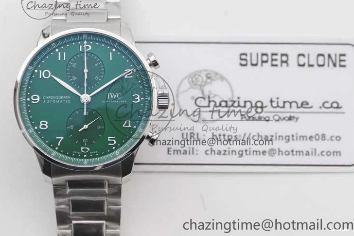 MIROTIME 0120 FastDry Portugieser Chronograph IW371615 ZF Best Edition Green Dial on SS Bracelet A7750 (Slim Movement) 7038